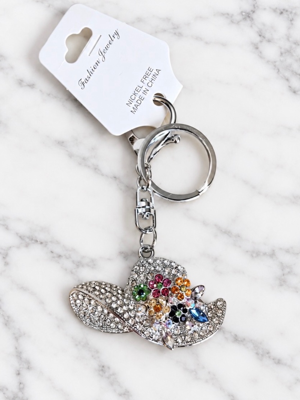 Multicolor Crystal Fancy Hat Bag Charm/Keyring in Silver Tone Hardware